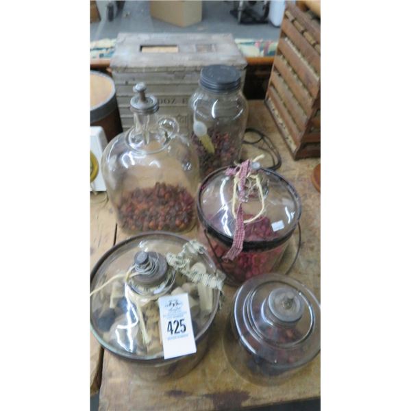 Glass Canisters, Glass Jug & Antique Egg Box