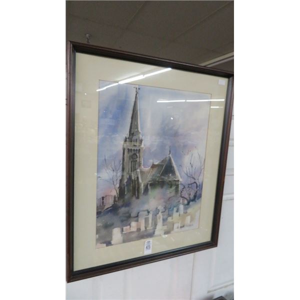 Framed Church Print Signed E. Watrobka - 3' x 30"