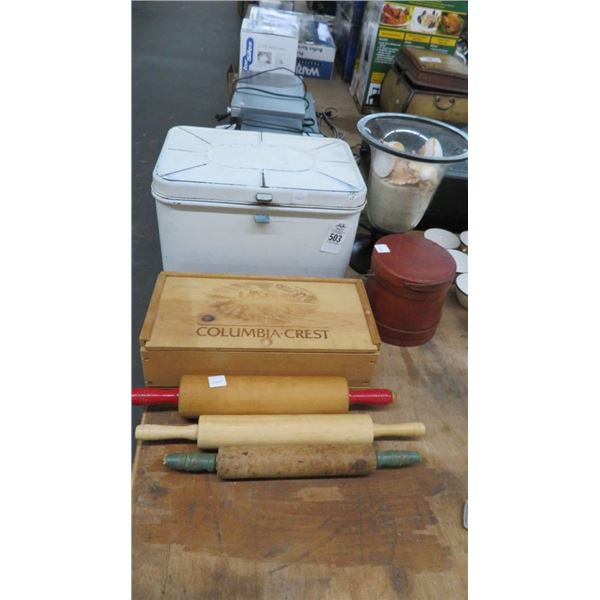 Vintage Bread Box, Urn w/Seashells & Rolling Pins