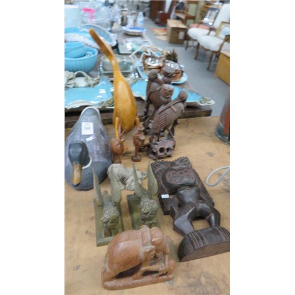 Carved Wood Figurines & Metal Lion Décor