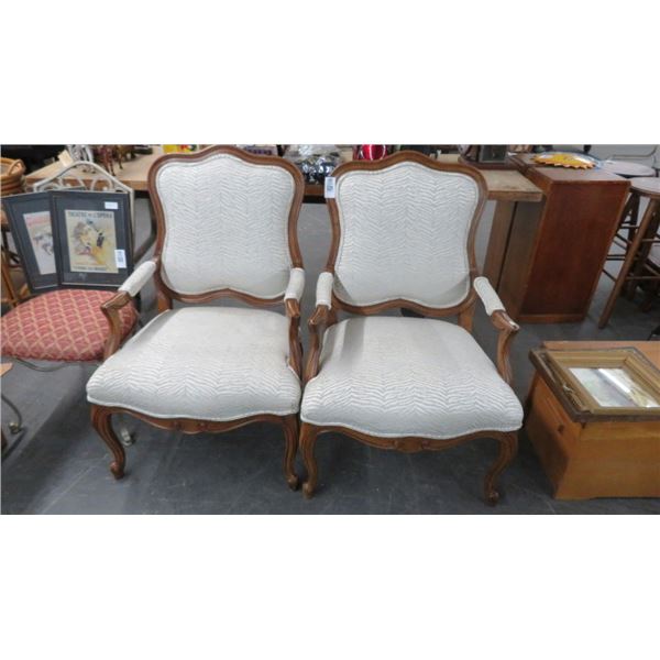 2-Carved Wood Padded Fabric Armchair - 2 X $