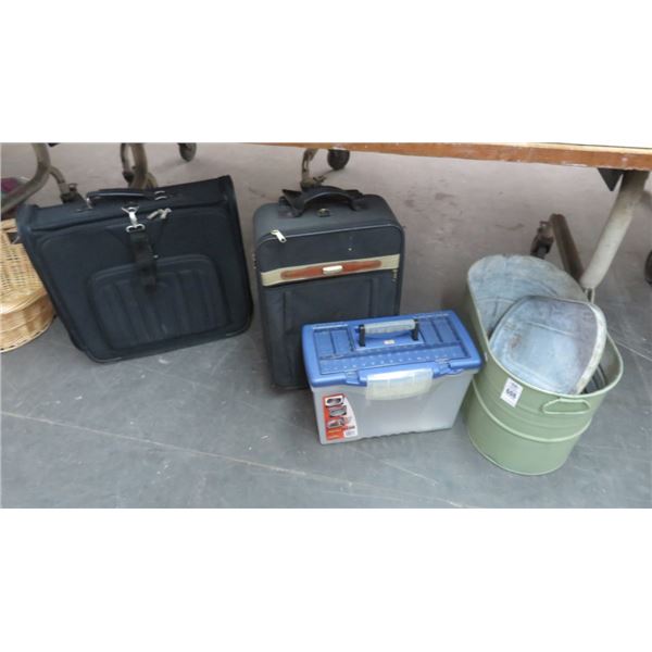 Lidded Metal Bucket, File Box & Luggage