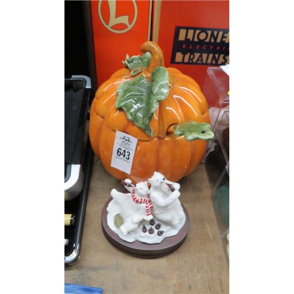 Ceramic Pumpkin Punch Bowl & Coca Cola Bear Figurines