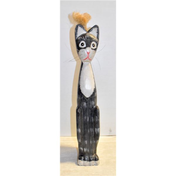 19 INCH TALL WOODEN CAT WITH ROPE TAIL