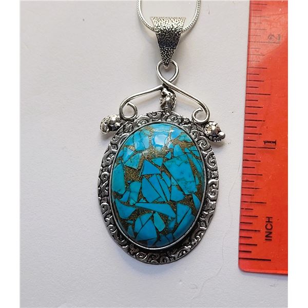 5)  COPPER & TURQUOISE OVAL 2.3" PENDANT SET IN