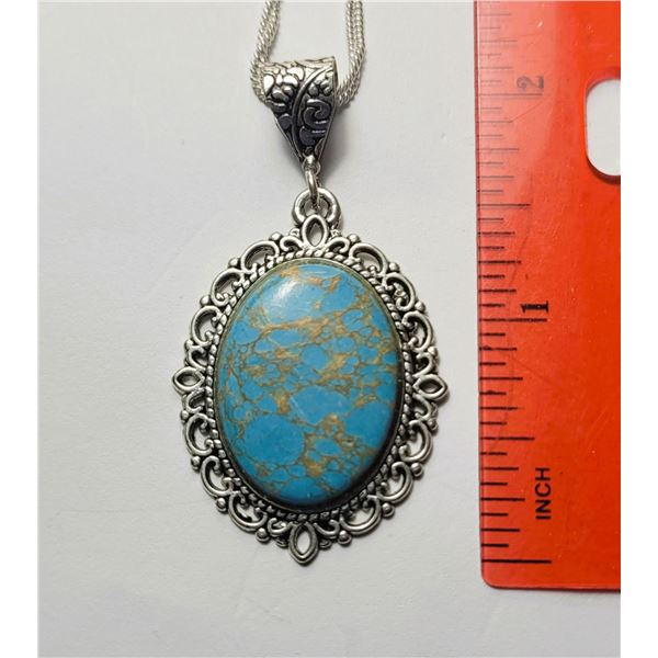 8)  OVAL COPPER/TURQUOISE PENDANT STAMPED 925