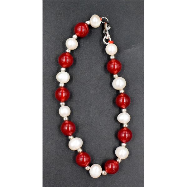 #146- FRESH WATER PEARL& RED JADE  BRACELET