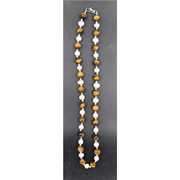 #106-NATURAL TIGER EYE & FRESH WATER PEARL NECKLAC