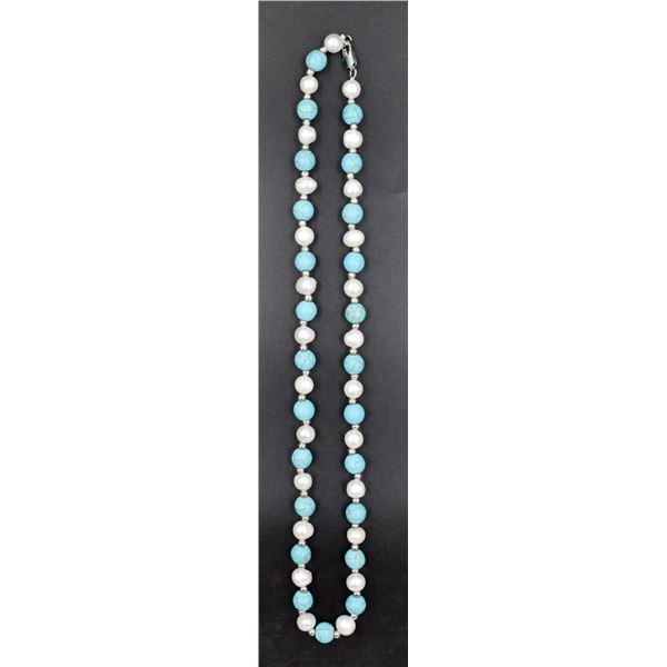 #113-FRESH WATER PEARL& BLUE TURQUOISE  NECKLACE