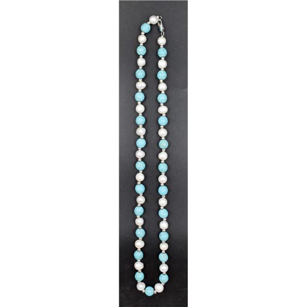 #113-FRESH WATER PEARL& BLUE TURQUOISE  NECKLACE