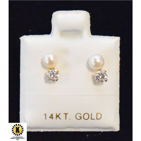 EC91-40 14K YELLOW GOLD PEARL AND CZ EARRINGS