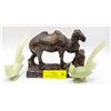 Image 1 : HAND CARVED MARBLE CAMEL & A PAIR OF JADE BIRDS ON