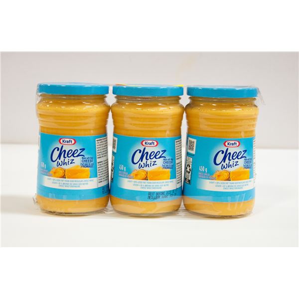 LOT OF 3 KRAFT CHEEZ WHIZ LIGHT,450G,BB SEPT 7/22