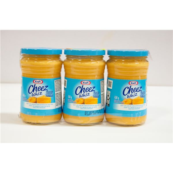 LOT OF 3 KRAFT CHEEZ WHIZ LIGHT,450G,BB SEPT 7/22