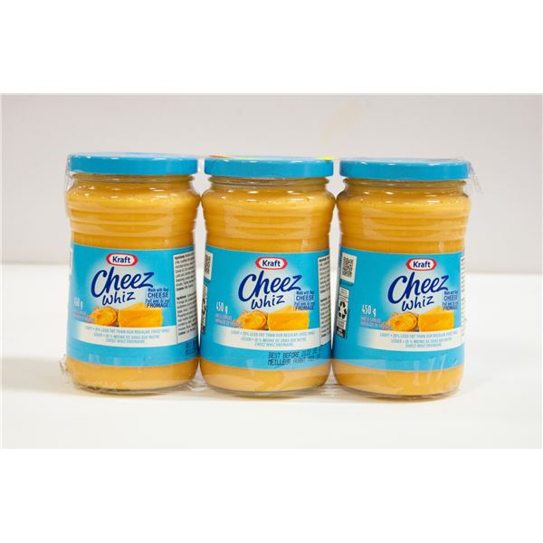 LOT OF 3 KRAFT CHEEZ WHIZ LIGHT,450G,BB SEPT 7/22