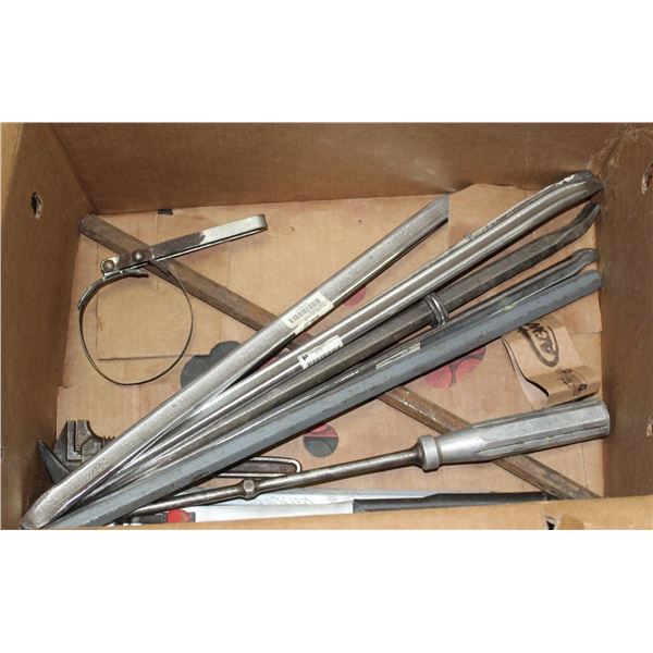 BOX OF PRY BARS AND MORE