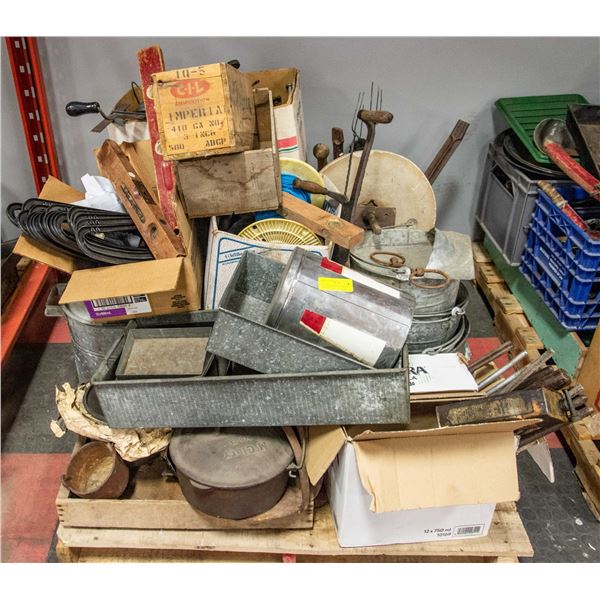 PALLET OF ESTATE: INCLUDES ANTIQUE TOOLS AND MORE