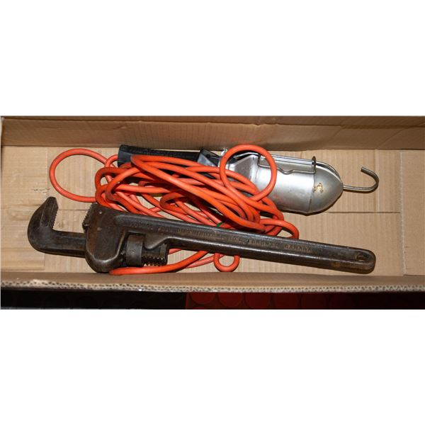 BOX WITH TROUBLE LIGHT AND PIPE WRENCH