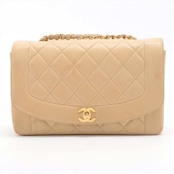 Chanel Beige Quilted Lambskin Leather Diana Single Flap Medium Shoulder Bag
