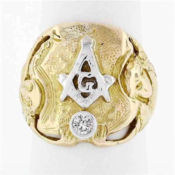 Mens Antique Art Nouveau 14k Two Tone Gold Masonic Round Diamond Dual Nymph Ring