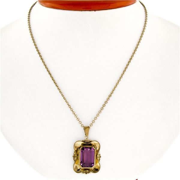 Victorian 8k Gold Octagonal Bezel Set Amethyst Solitaire Pendant Necklace
