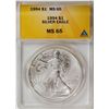 Image 1 : 1994 American Silver Eagle .999 Fine Silver Dollar Coin ANACS MS65