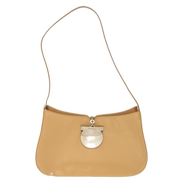 Salvatore Ferragamo Tan Patent Leather Gancini Shoulder Bag