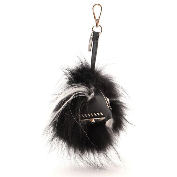 Fendi Monster Bug Bag Charm Fur with Leather Black