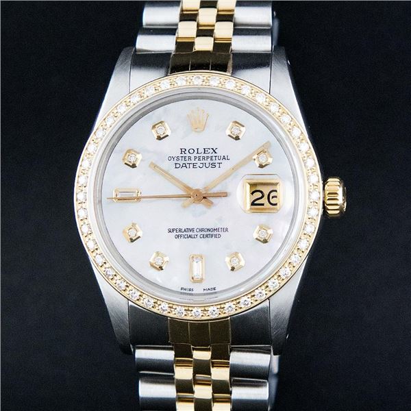 Rolex Mens 2 Tone Mother Of Pearl Baguette Diamond 36 Datejust Wristwatch