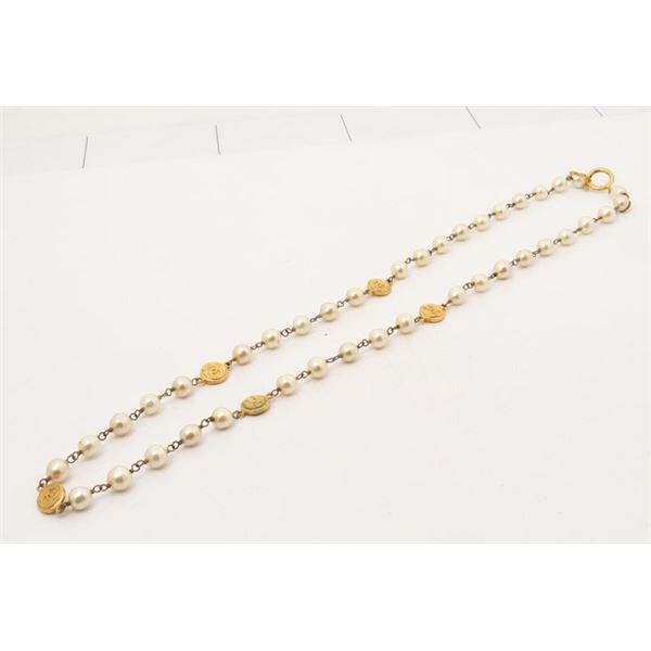 Chanel Gold-tone Metal CC Medallion Faux Pearl Long Chain Necklace