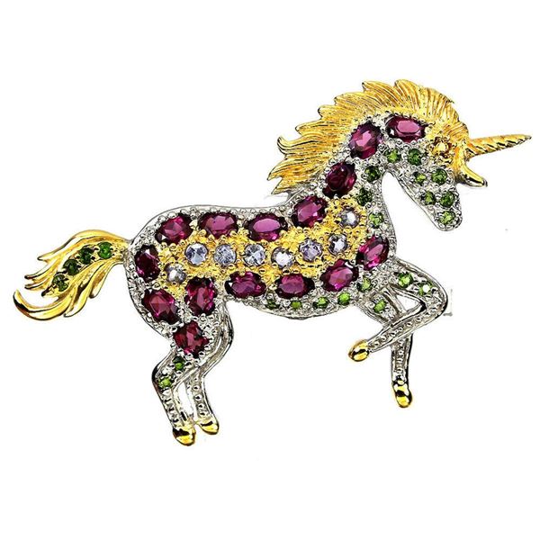 Natural Rhodolite Garnet Tanzanite Unicorn Brooch