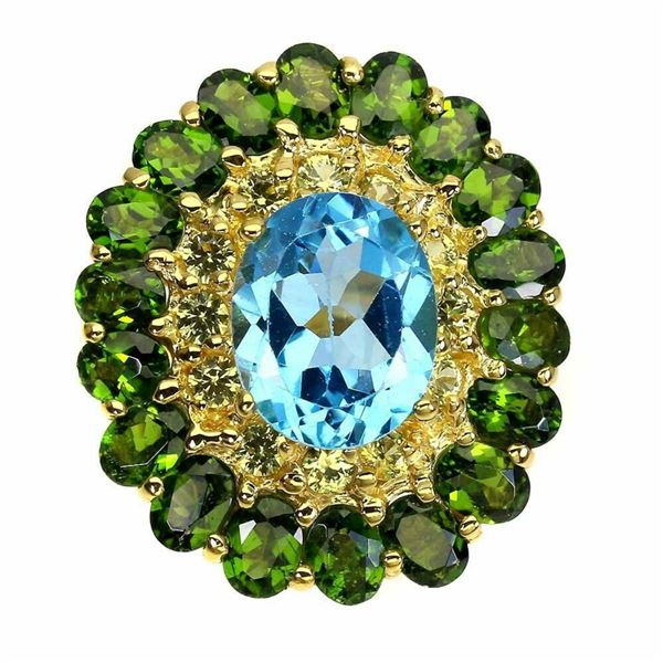 Natural Swiss Blue Topaz Chrome Diopside Ring