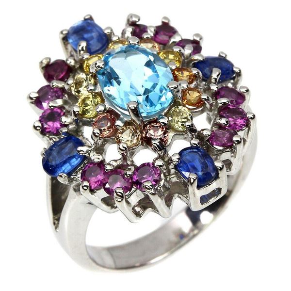 Natural Swiss Blue Topaz Kyanite Rhodolite Sapphire Ring