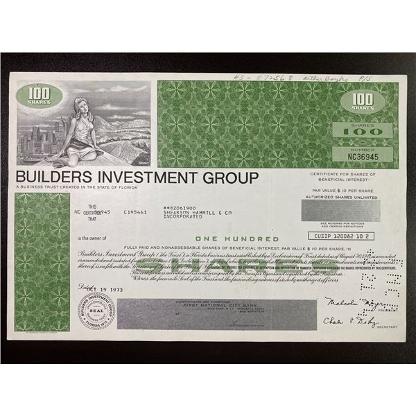 Common Stock Certificate 1974 Builders Investment Group