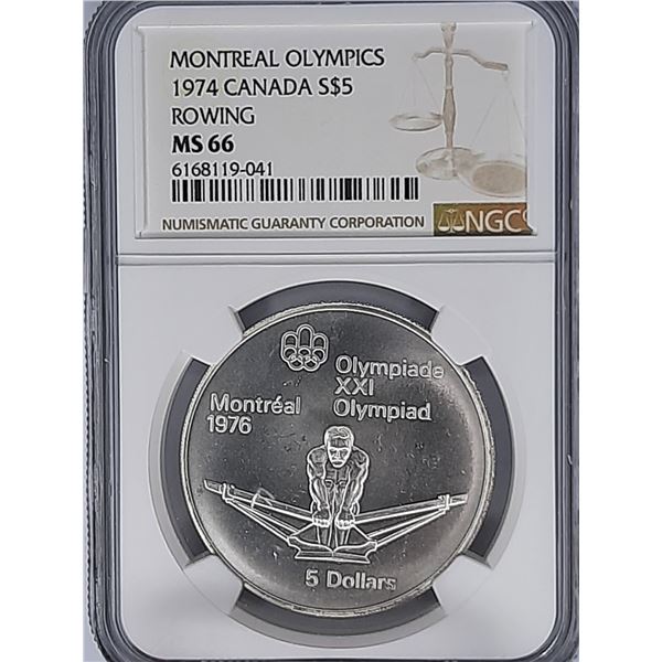 Canada, $5 dollars silver coin, 1974, Montreal Olympics, Rowing, NGC MS66