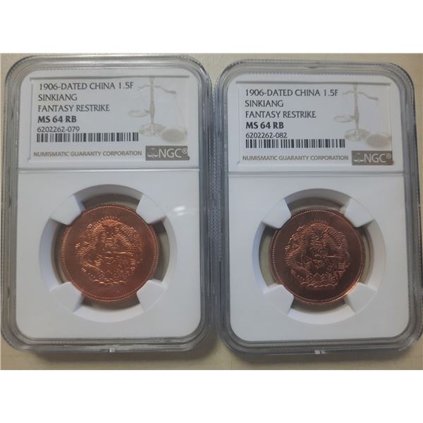 China Sinkiang, 1.5 fen copper coin, 1906-Dated, Fantasy Restike, NGC MS64RB, lot of 2