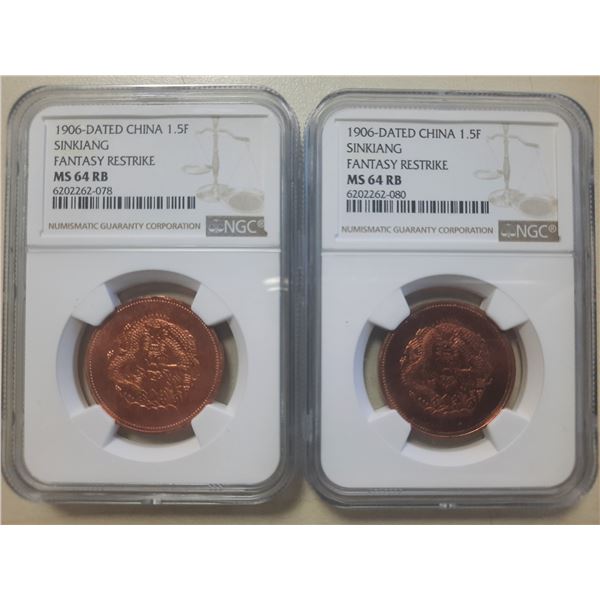 China Sinkiang, 1.5 fen copper coin, 1906-Dated, Fantasy Restike, NGC MS64RB, lot of 2