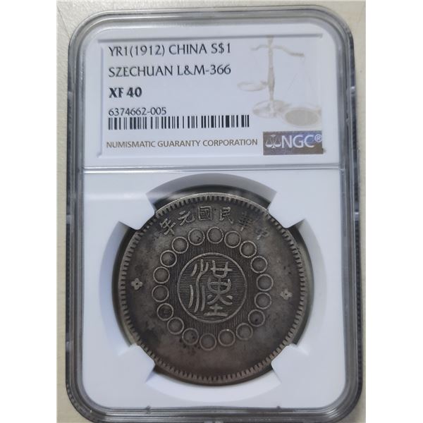 China Szechuan, $1 dollar silver coin, 1912, NGC XF40