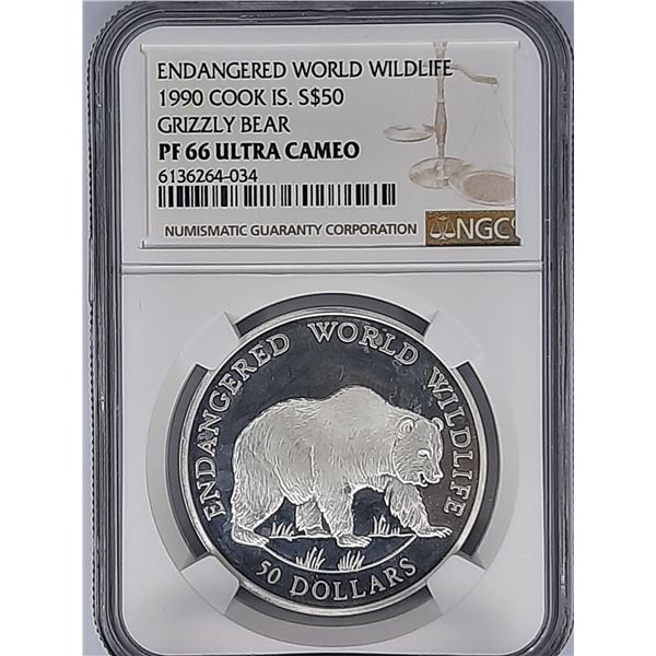 Cook Islands, $50 dollars silver proof coin, 1990, Endangered World Wildlife, Grizzly Bear, NGC PF66