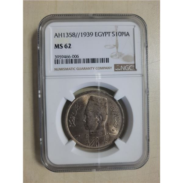 Egypt, 10 Piastres, silver coin, AH1358, 1939, NGC MS62