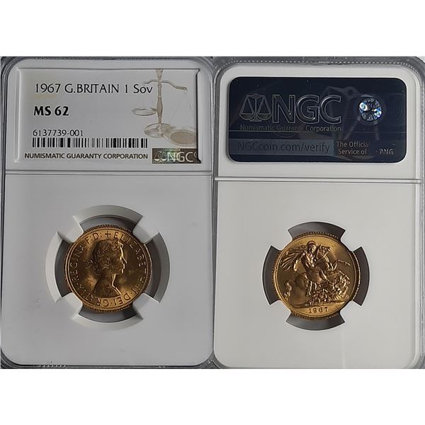 Great Britain, 1 Sov, Gold Coin, 1967, NGC MS62