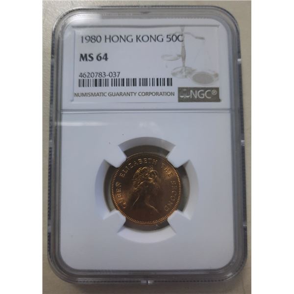 Hong Kong, 50 cents coin, 1980, NGC MS64
