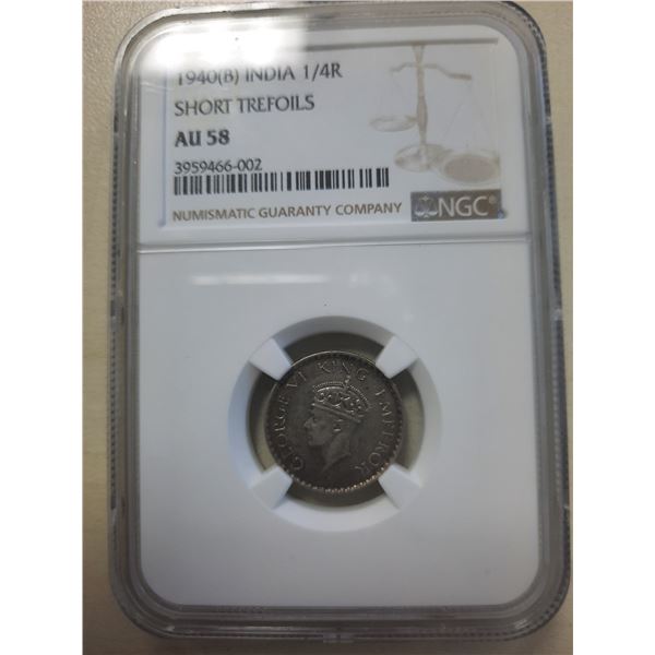 India, 1/4 Rupee, silver coin, 1940 B, NGC AU58