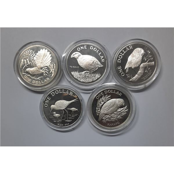 New Zealand, Bird of New Zealand $1 silver proof coin, Set of 5