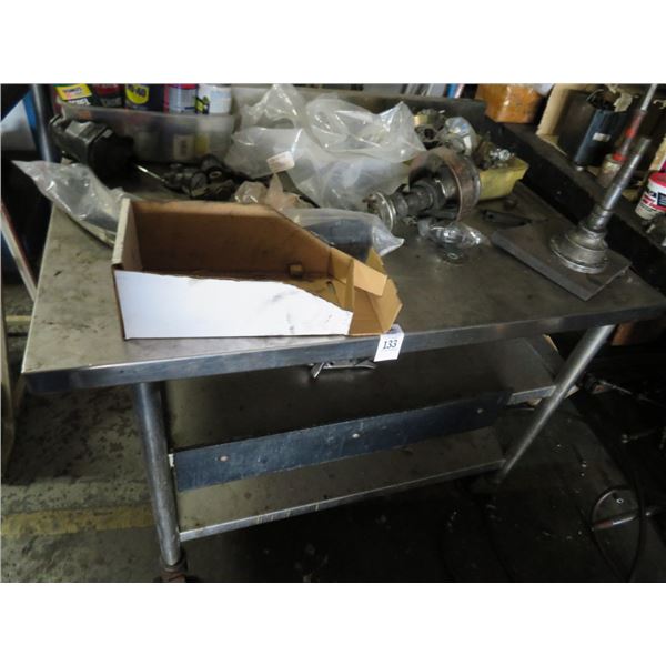 S/S Rolling 3 Shelf Shop Table w/Backsplash & Contents