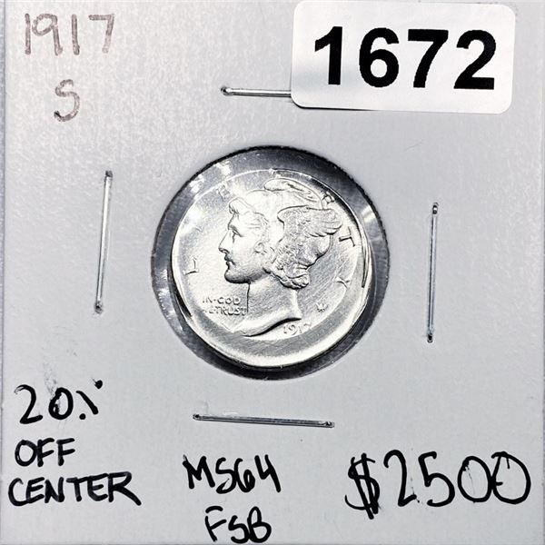 1917-S %20 Off Cent. Mercury Silver Dime -MS64