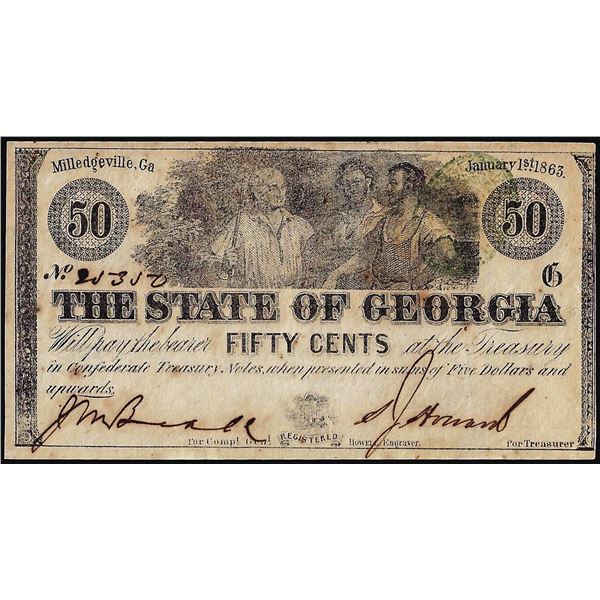 1863 Fifty Cents State of Georgia Milledgeville, GA Obsolete Note