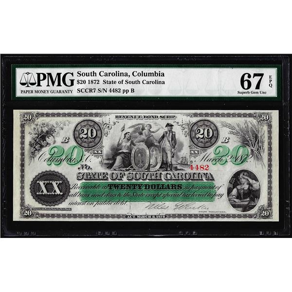 1872 $20 State of South Carolina Obsolete Note PMG Superb Gem Unc 67EPQ