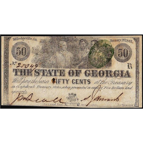 1863 Fifty Cents State of Georgia Milledgeville, GA Obsolete Note