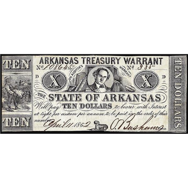 1862 $10 Arkansas Treasury Warrant Little Rock, AR Obsolete Note